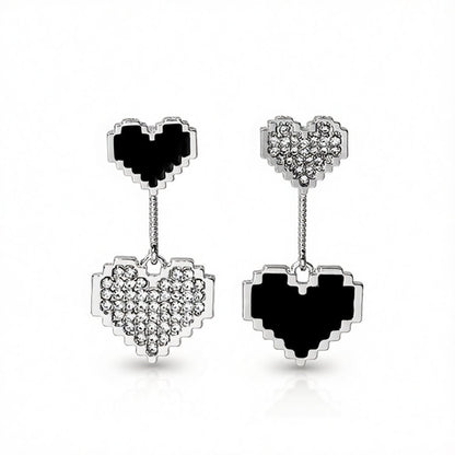 Black Enamel and Cubic Zirconia Double Heart Drop Earrings, drop earrings for women, everyday style, side view