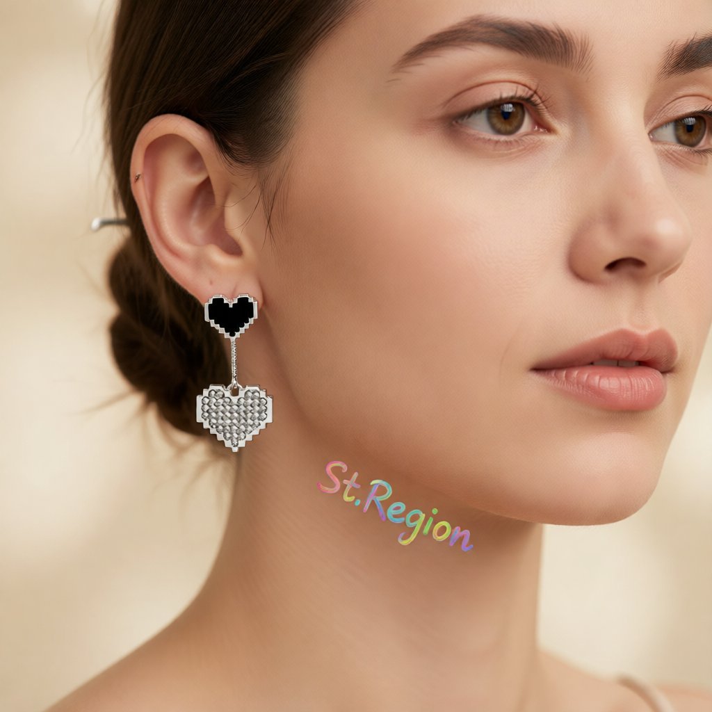 Black Enamel and Cubic Zirconia Double Heart Drop Earrings, drop earrings for women, everyday style, styled look