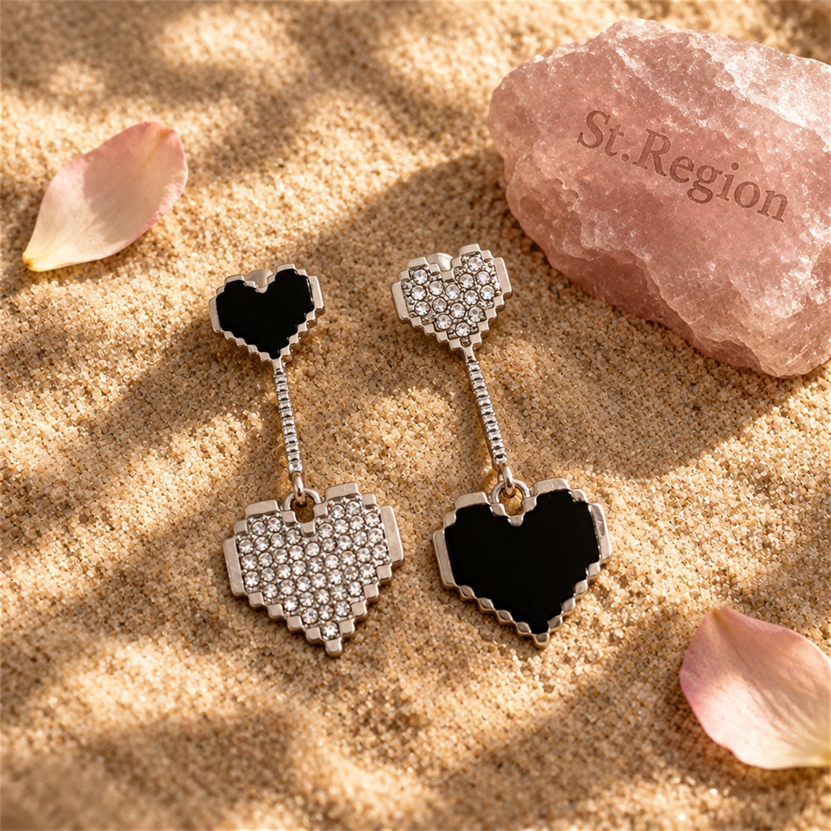 Black Enamel and Cubic Zirconia Double Heart Drop Earrings, drop earrings for women, everyday style, detail close-up