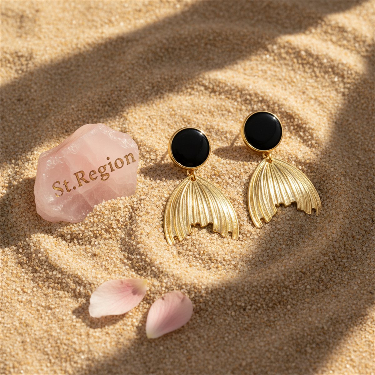 Black Enamel and 18K Gold-Plated Fish Tail Drop Earrings, gold drop earrings for women, botanical inspired, detail close-up