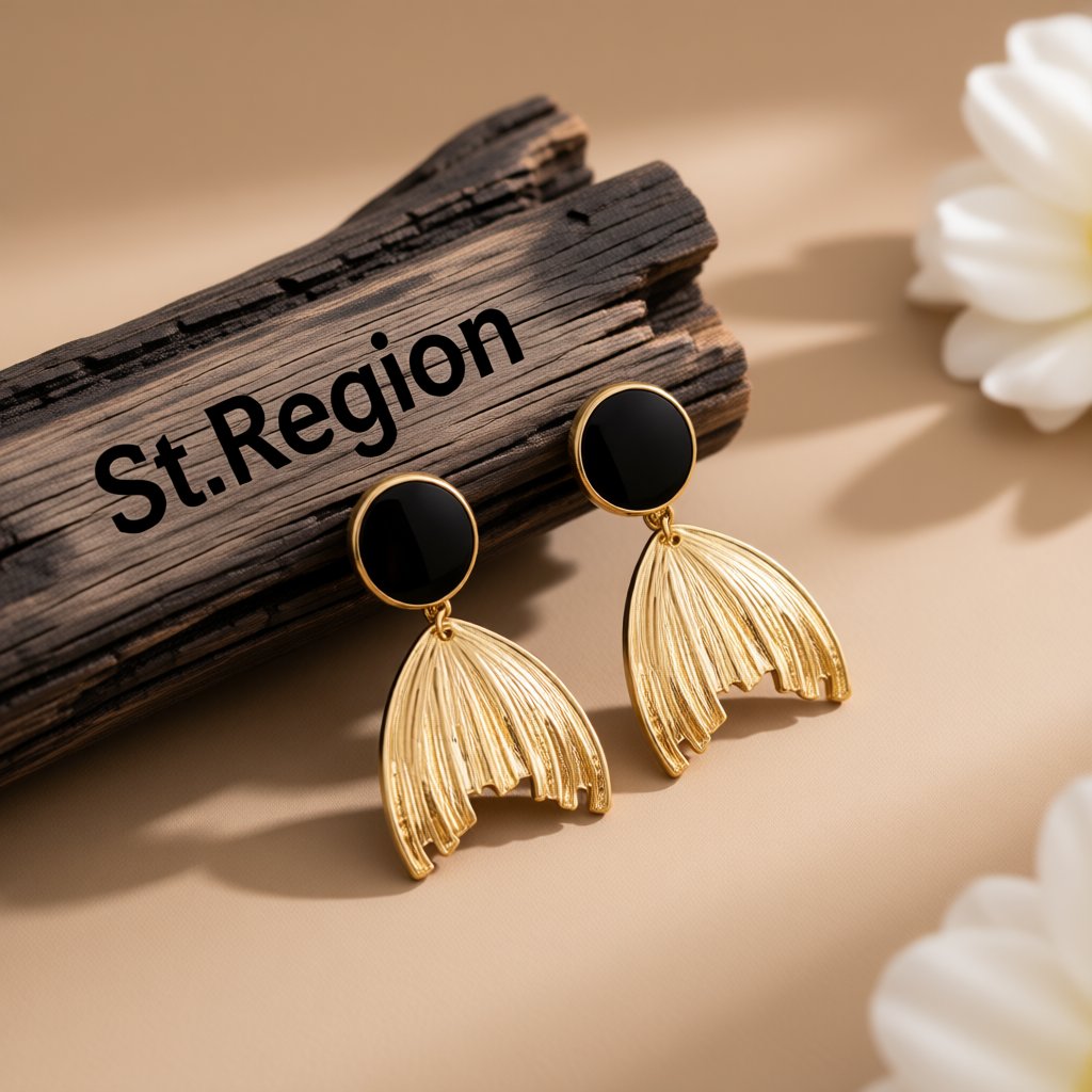 Black Enamel and 18K Gold-Plated Fish Tail Drop Earrings, gold drop earrings for women, botanical inspired, front view