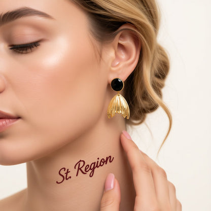 Black Enamel and 18K Gold-Plated Fish Tail Drop Earrings, gold drop earrings for women, botanical inspired, styled look