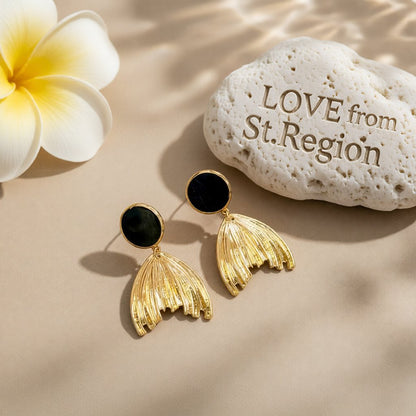 Black Enamel and 18K Gold-Plated Fish Tail Drop Earrings, gold drop earrings for women, botanical inspired, lifestyle look