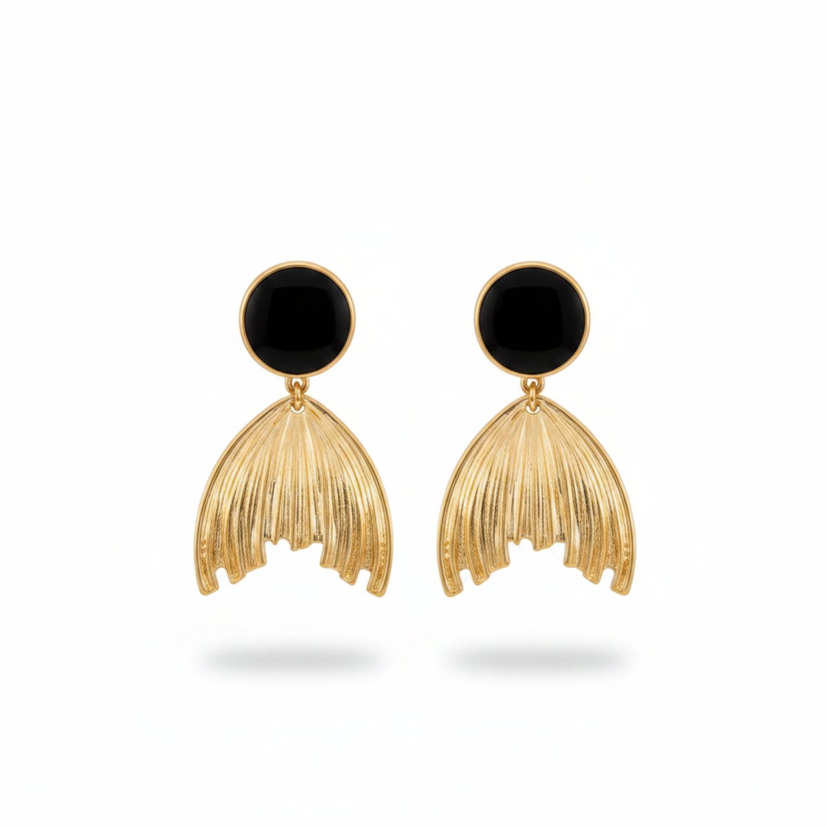 Black Enamel and 18K Gold-Plated Fish Tail Drop Earrings, gold drop earrings for women, botanical inspired, side view