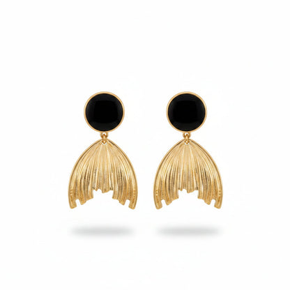 Black Enamel and 18K Gold-Plated Fish Tail Drop Earrings, gold drop earrings for women, botanical inspired, side view