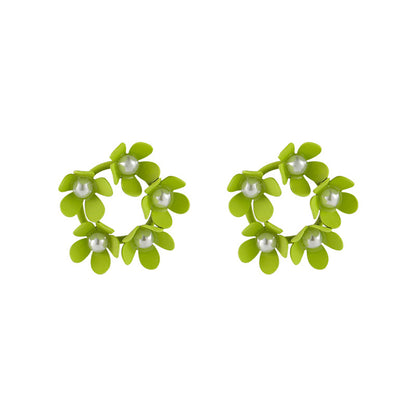 Pearl & Green Enamel Floral Garland Stud Earrings
