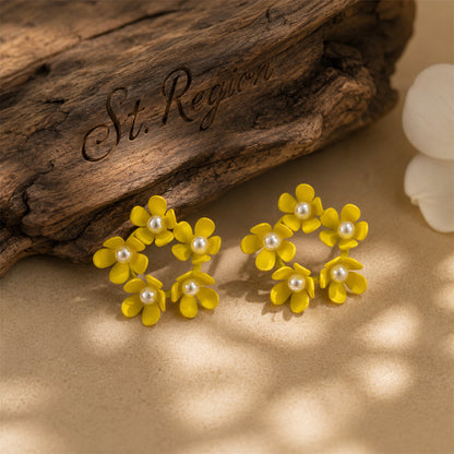 Pearl & Yellow Enamel Floral Garland Stud Earrings
