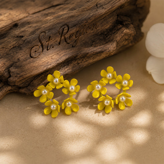 Pearl & Yellow Enamel Floral Garland Stud Earrings