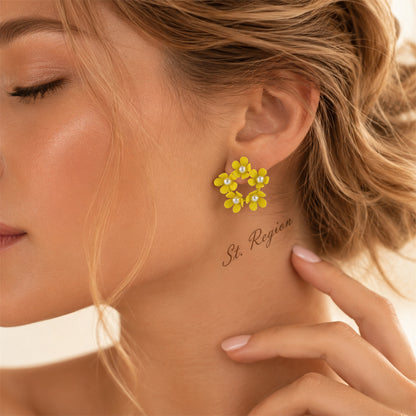 Pearl & Yellow Enamel Floral Garland Stud Earrings