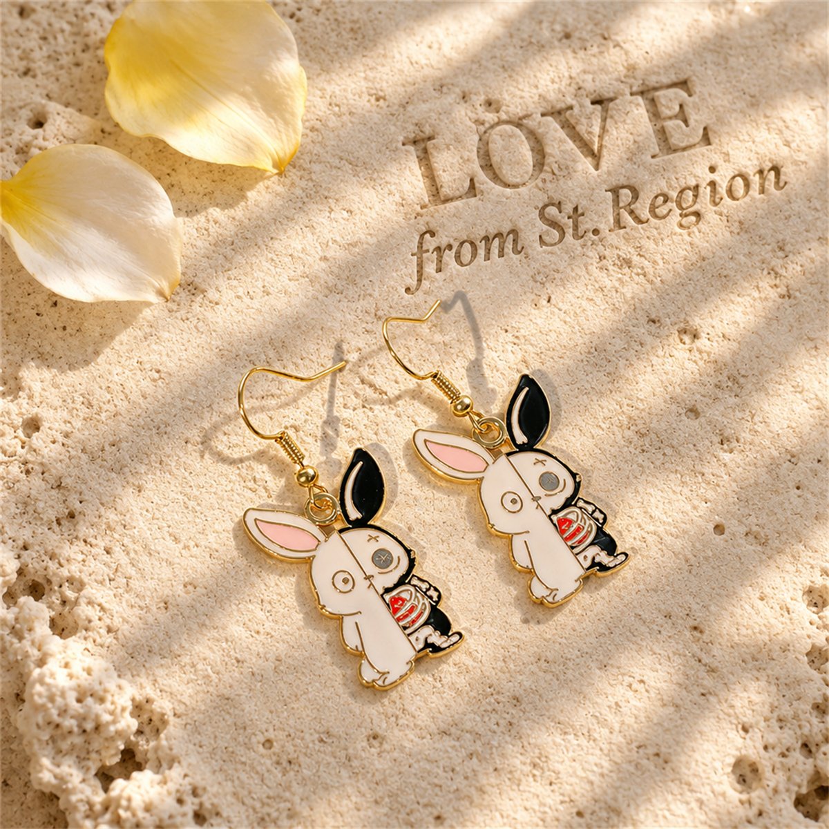 White Enamel and 18K Gold-Plated Rabbit Drop Earrings, gold drop earrings for women, dainty minimalist design, lifestyle look