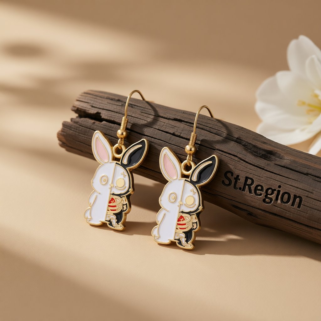 White Enamel and 18K Gold-Plated Rabbit Drop Earrings, gold drop earrings for women, dainty minimalist design, front view