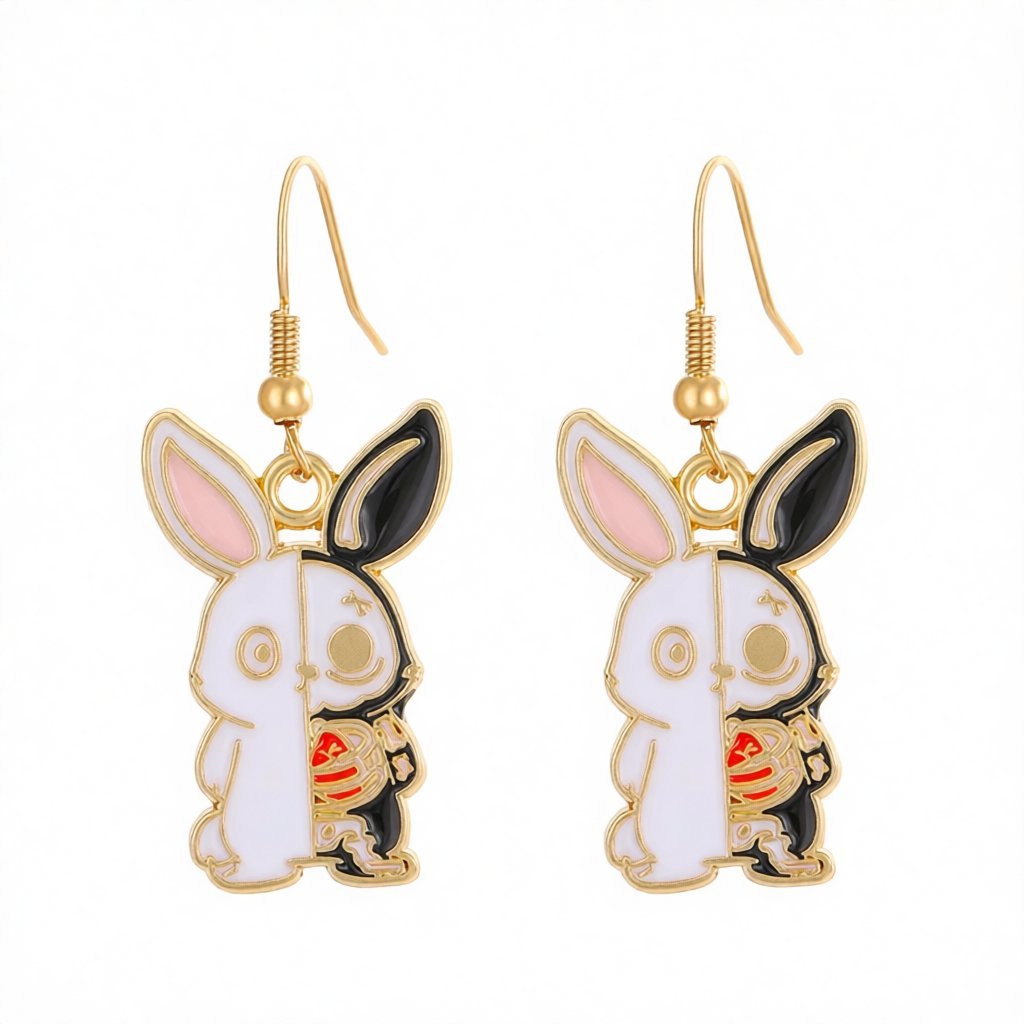 White Enamel and 18K Gold-Plated Rabbit Drop Earrings, gold drop earrings for women, dainty minimalist design, side view