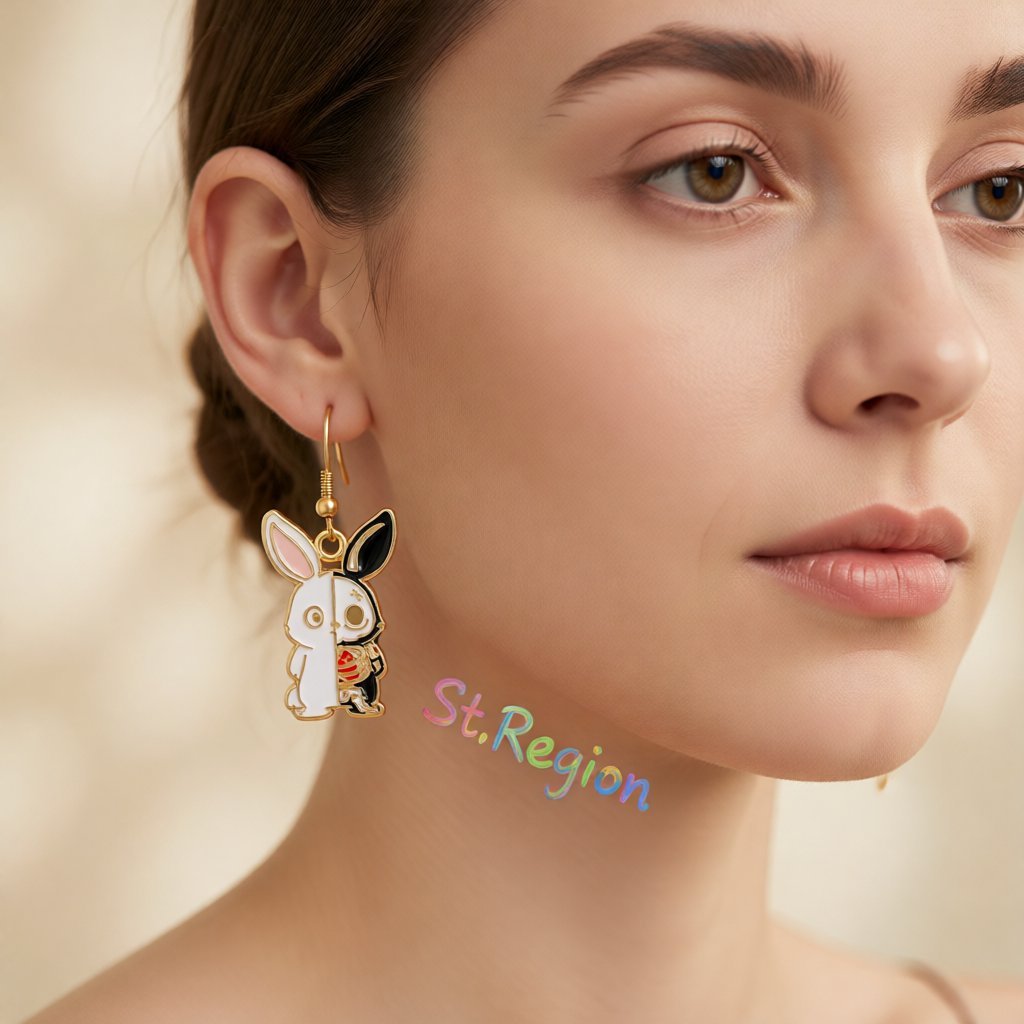 White Enamel and 18K Gold-Plated Rabbit Drop Earrings, gold drop earrings for women, dainty minimalist design, styled look