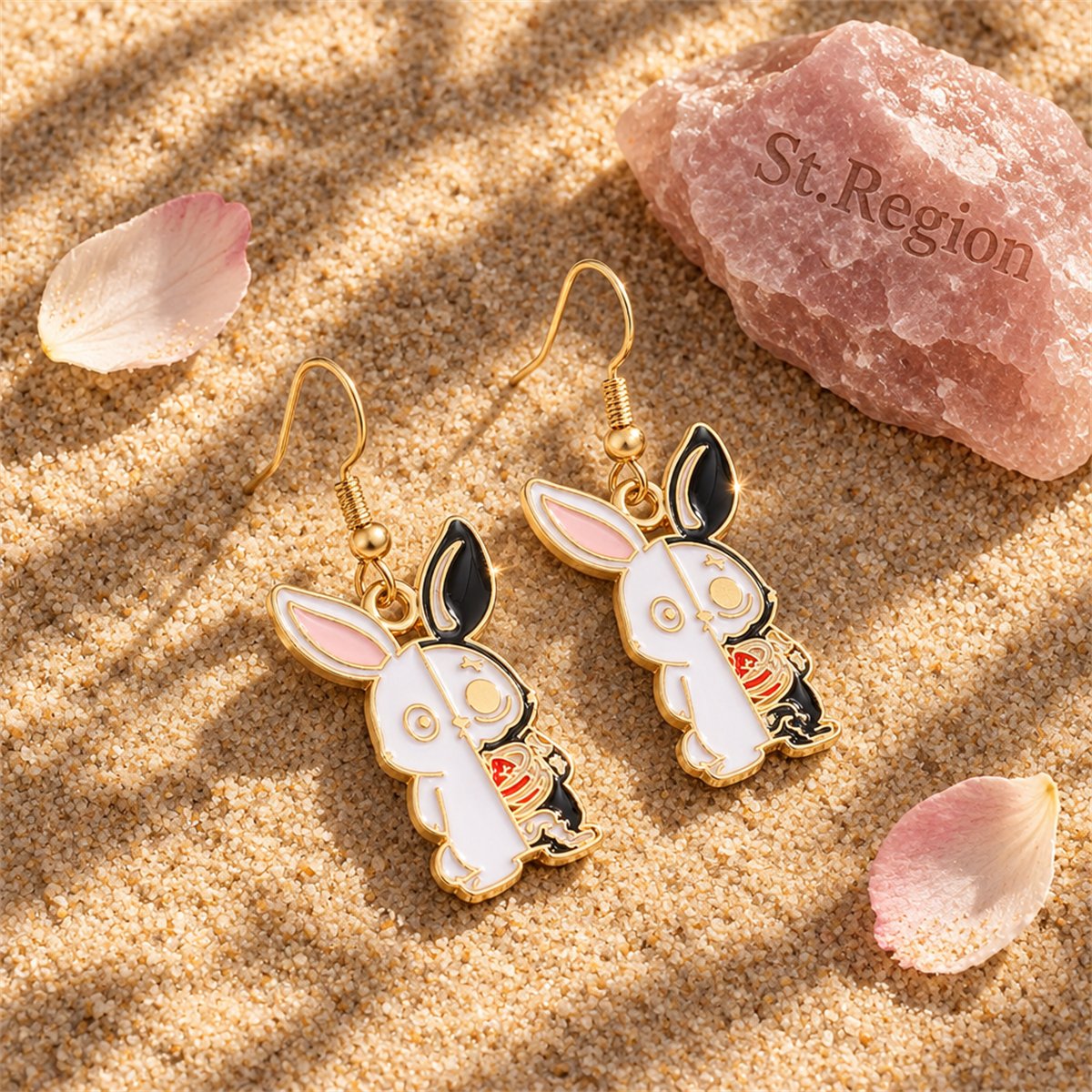 White Enamel and 18K Gold-Plated Rabbit Drop Earrings, gold drop earrings for women, detail close-up