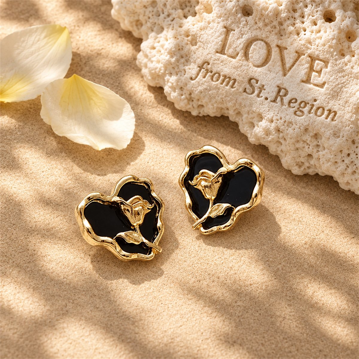 Black Enamel and 18K Gold-Plated Rose Heart Stud Earrings, gold stud earrings for women, lifestyle look