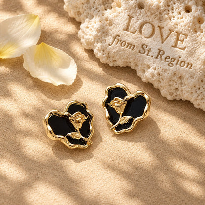 Black Enamel and 18K Gold-Plated Rose Heart Stud Earrings, gold stud earrings for women, lifestyle look