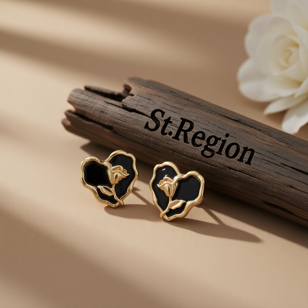 Black Enamel and 18K Gold-Plated Rose Heart Stud Earrings, gold stud earrings for women, vintage-inspired design, front view
