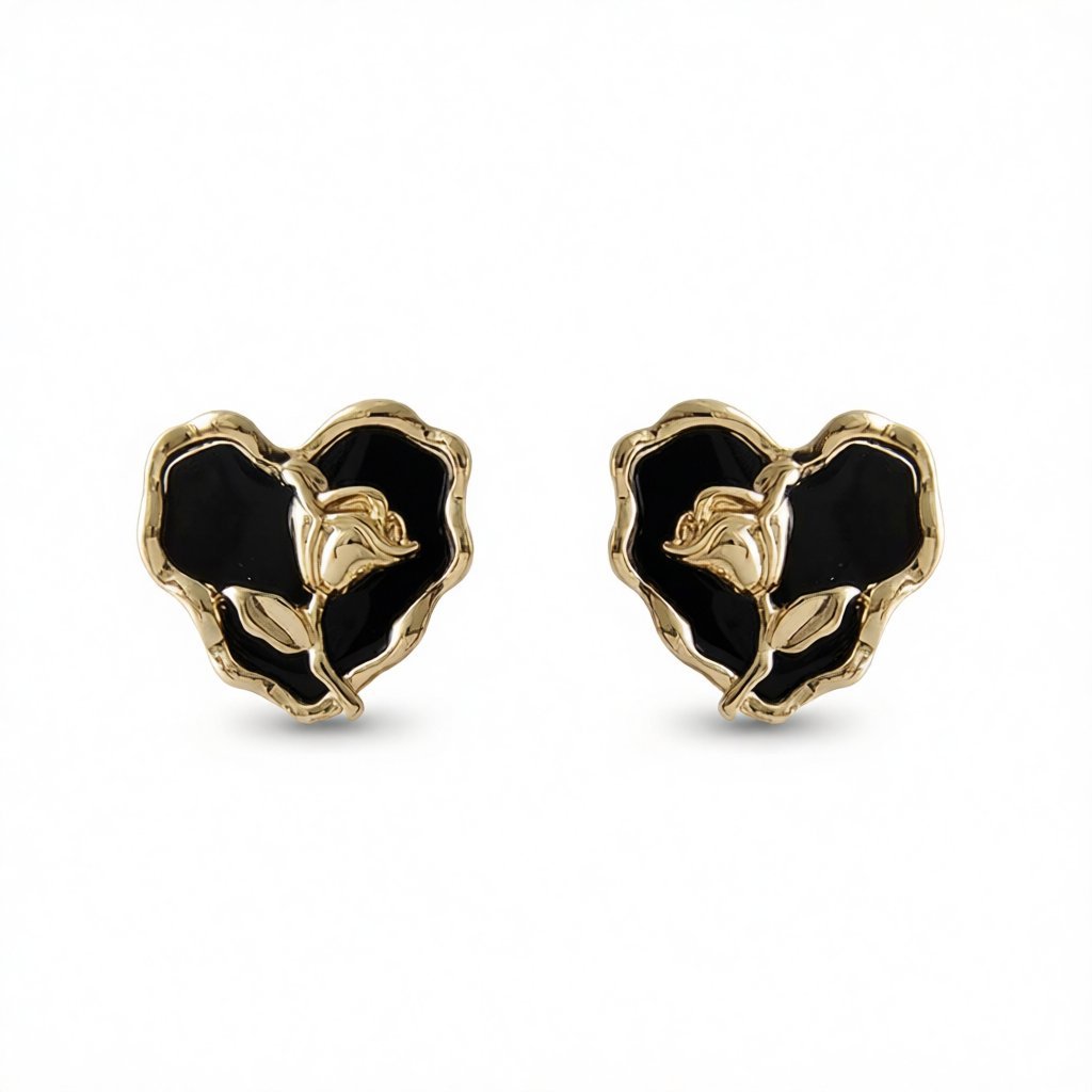 Black Enamel and 18K Gold-Plated Rose Heart Stud Earrings, gold stud earrings for women, vintage-inspired design, side view