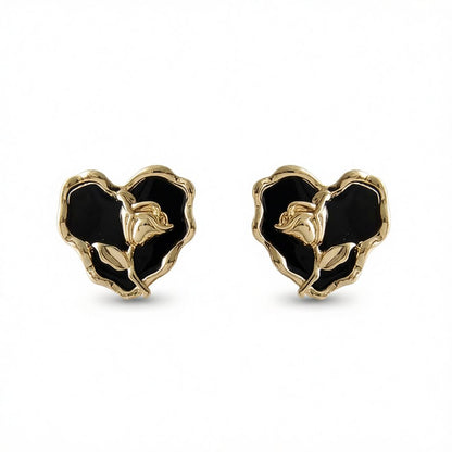 Black Enamel and 18K Gold-Plated Rose Heart Stud Earrings, gold stud earrings for women, vintage-inspired design, side view