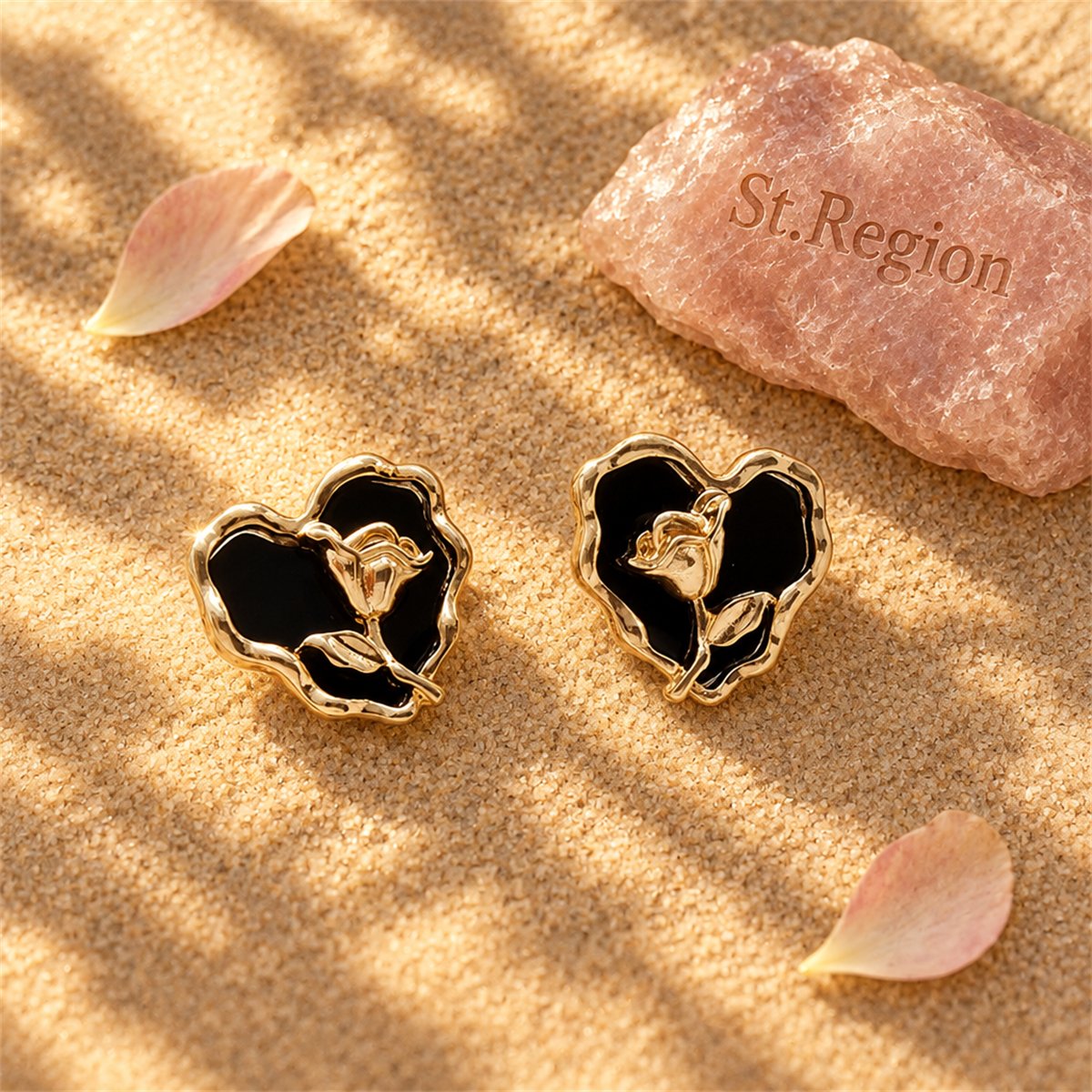 Black Enamel and 18K Gold-Plated Rose Heart Stud Earrings, gold stud earrings for women, detail close-up