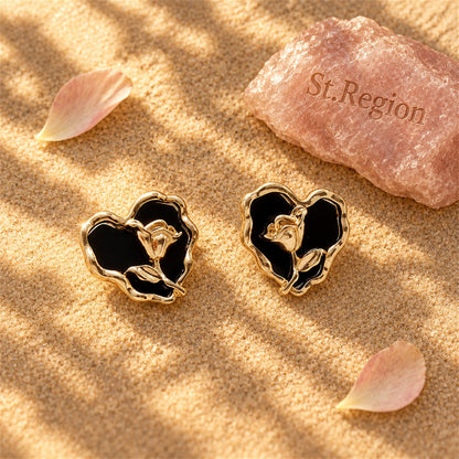 Black Enamel and 18K Gold-Plated Rose Heart Stud Earrings, gold stud earrings for women, detail close-up