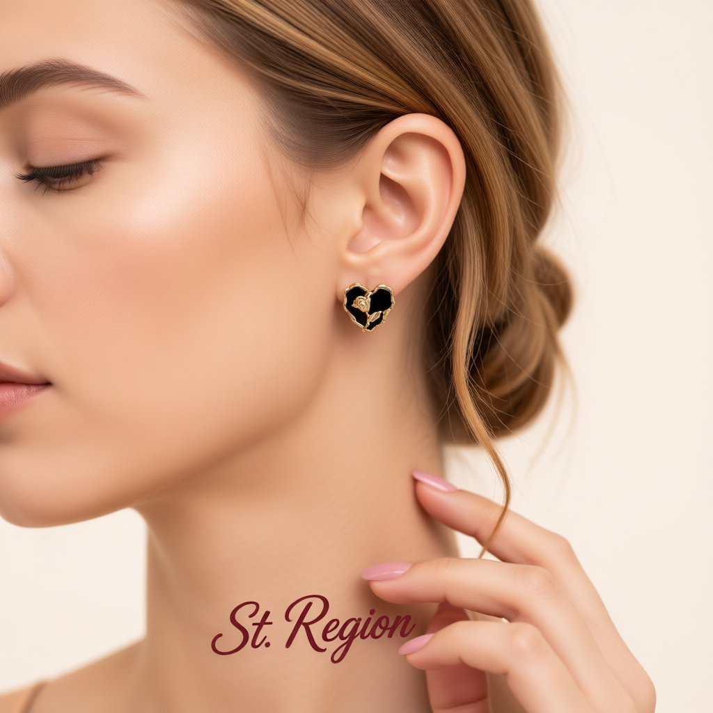 Black Enamel and 18K Gold-Plated Rose Heart Stud Earrings, gold stud earrings for women, vintage-inspired design, styled look