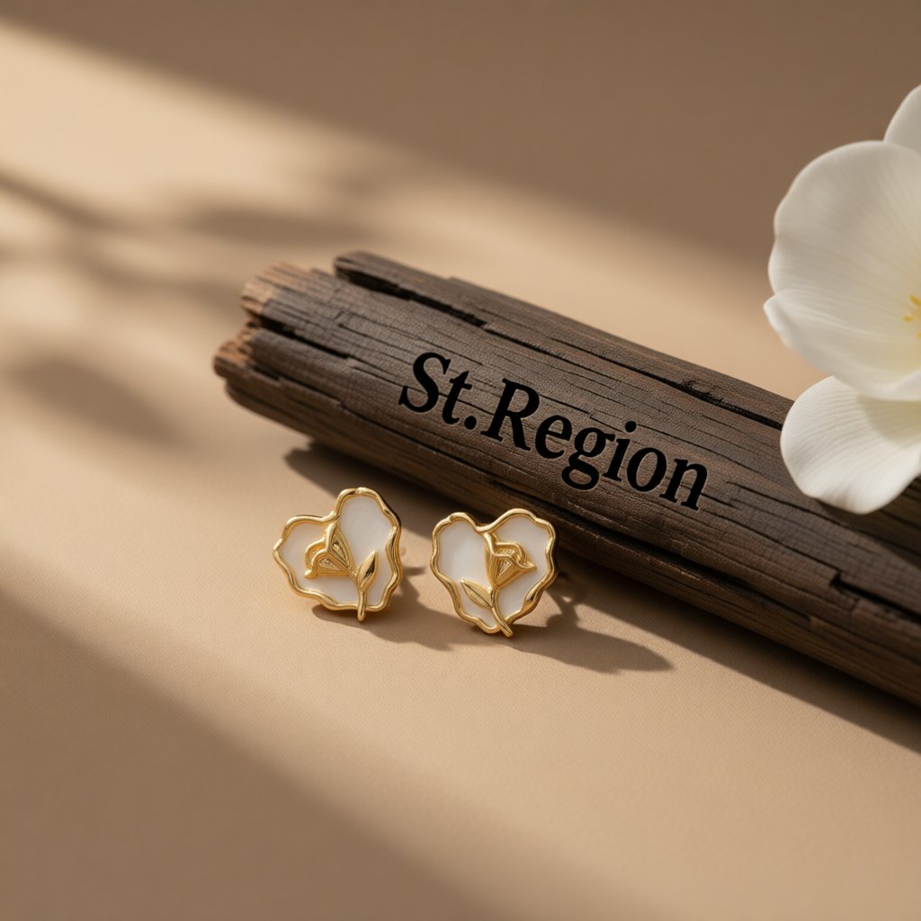 White Enamel and 18K Gold-Plated Rose Heart Stud Earrings, gold stud earrings for women, vintage-inspired design, front view