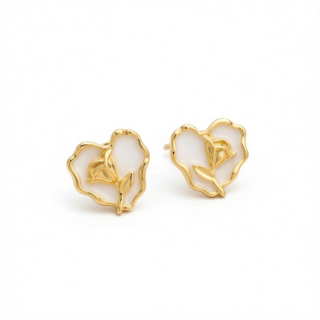 White Enamel and 18K Gold-Plated Rose Heart Stud Earrings, gold stud earrings for women, vintage-inspired design, side view