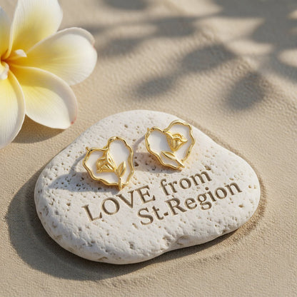White Enamel and 18K Gold-Plated Rose Heart Stud Earrings, gold stud earrings for women, lifestyle look