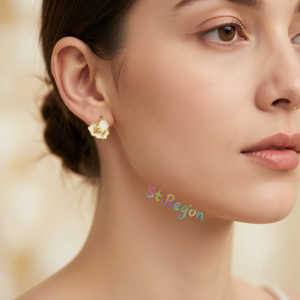 White Enamel and 18K Gold-Plated Rose Heart Stud Earrings, gold stud earrings for women, vintage-inspired design, styled look