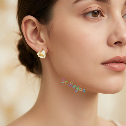 White Enamel and 18K Gold-Plated Rose Heart Stud Earrings, gold stud earrings for women, vintage-inspired design, styled look
