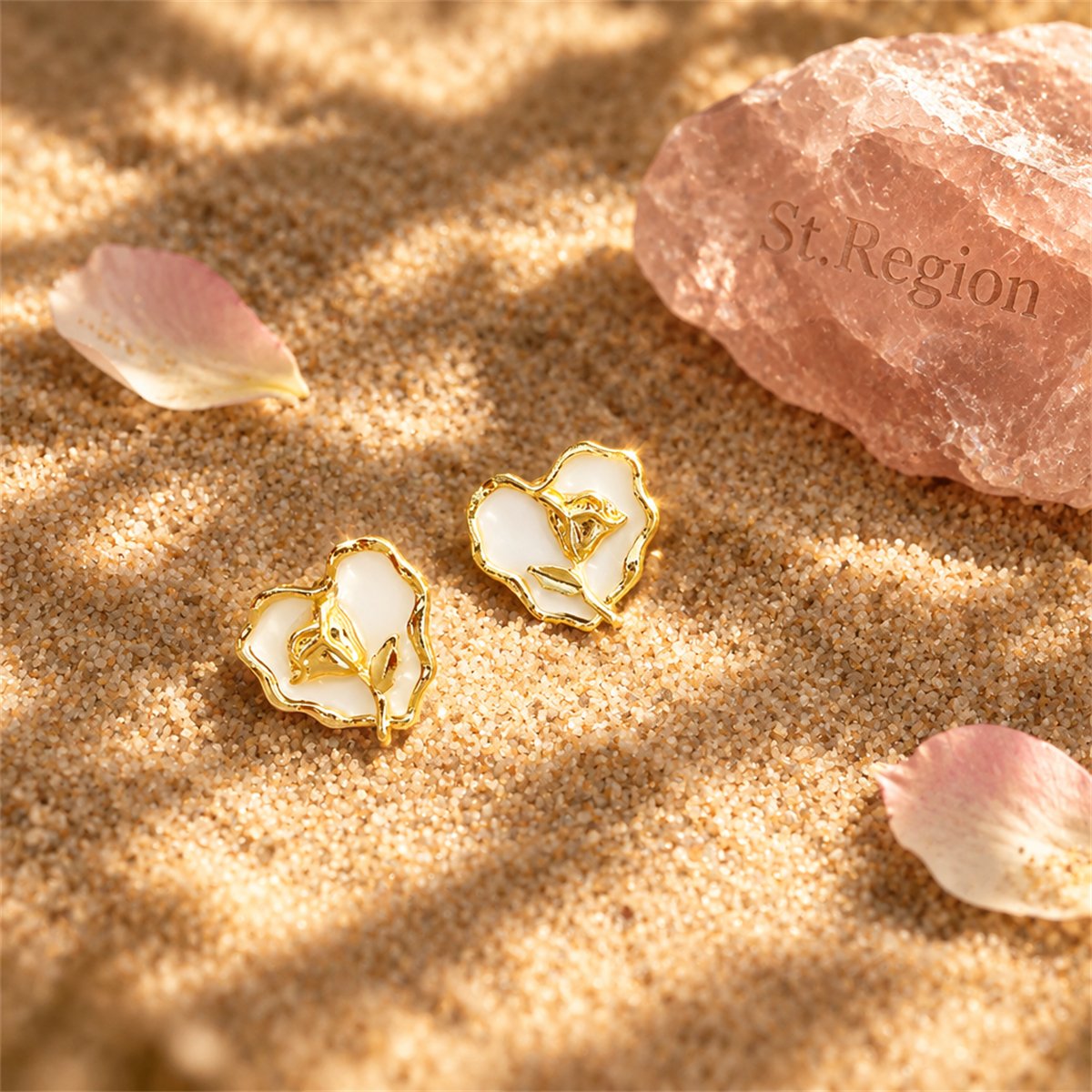 White Enamel and 18K Gold-Plated Rose Heart Stud Earrings, gold stud earrings for women, detail close-up