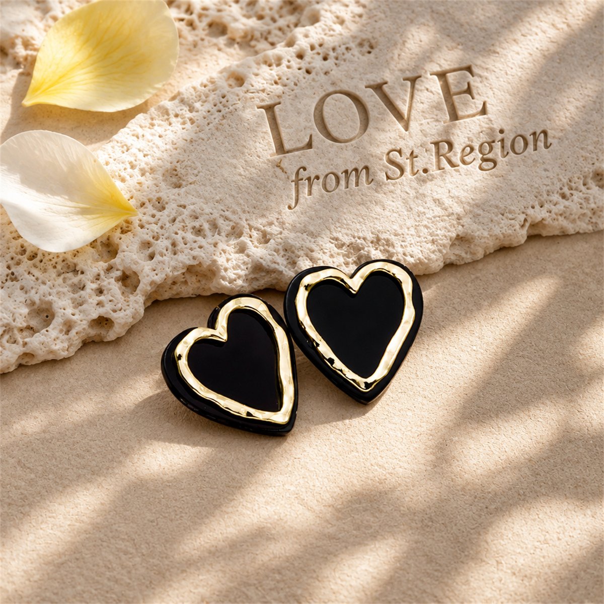 Black Acrylic and 18K Gold-Plated Heart Stud Earrings, gold stud earrings for women, dainty minimalist design, lifestyle look