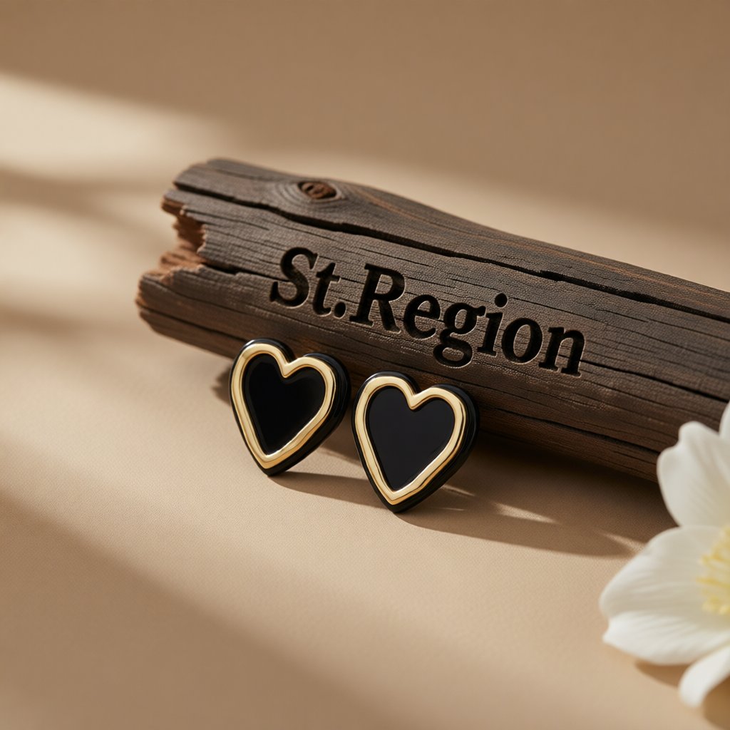Black Acrylic and 18K Gold-Plated Heart Stud Earrings, gold stud earrings for women, dainty minimalist design, front view