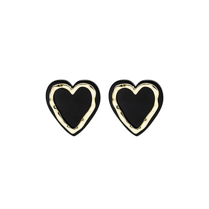 Black Acrylic and 18K Gold-Plated Heart Stud Earrings, gold stud earrings for women, dainty minimalist design, side view