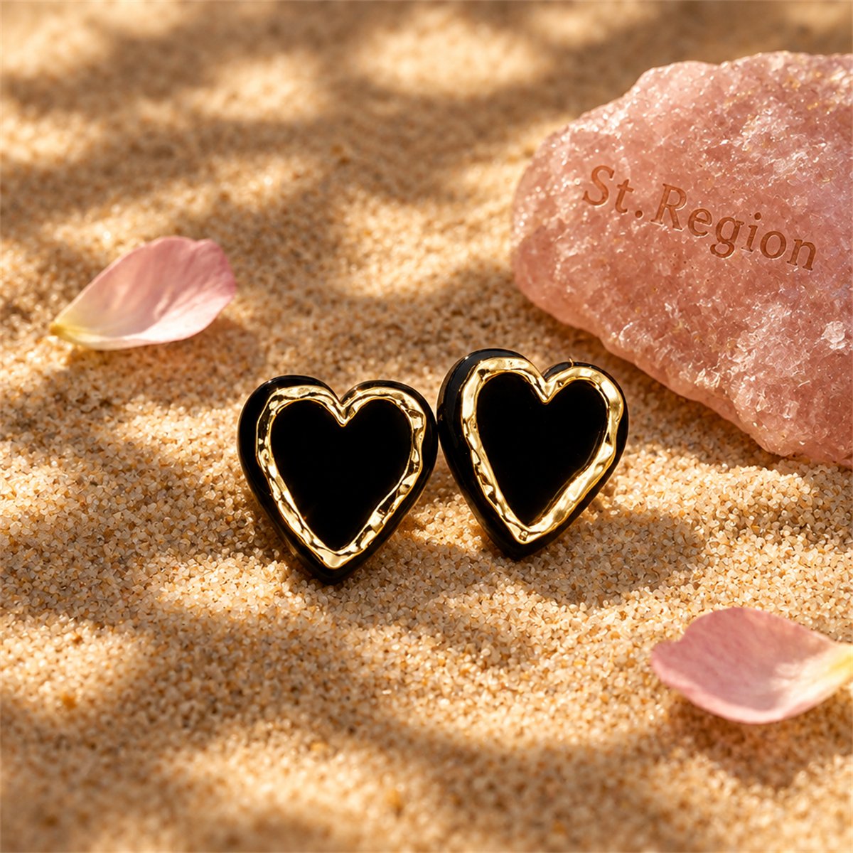 Black Acrylic and 18K Gold-Plated Heart Stud Earrings, gold stud earrings for women, detail close-up