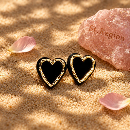 Black Acrylic and 18K Gold-Plated Heart Stud Earrings, gold stud earrings for women, detail close-up