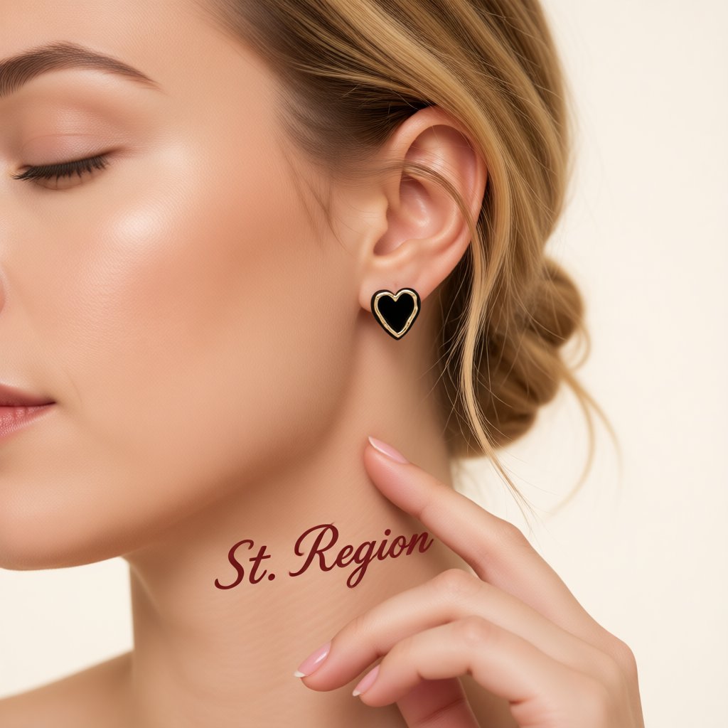 Black Acrylic and 18K Gold-Plated Heart Stud Earrings, gold stud earrings for women, dainty minimalist design, styled look