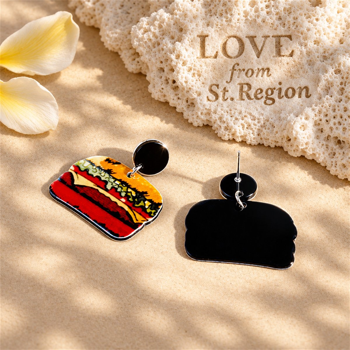 Red Acrylic and Silver-Plated Hamburger Drop Earrings, silver drop earrings for women, everyday style, lifestyle look