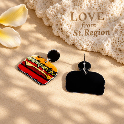 Red Acrylic and Silver-Plated Hamburger Drop Earrings, silver drop earrings for women, everyday style, lifestyle look
