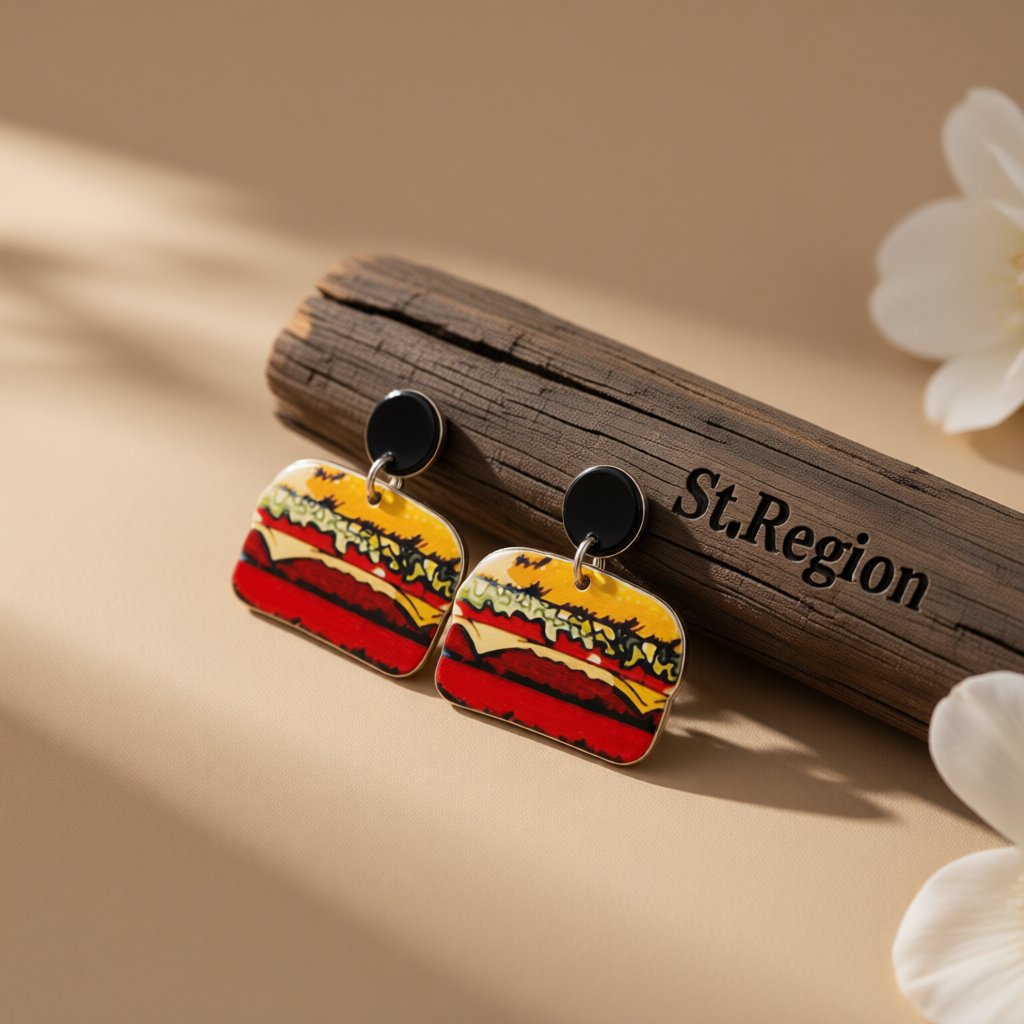Red Acrylic and Silver-Plated Hamburger Drop Earrings, silver drop earrings for women, everyday style, front view