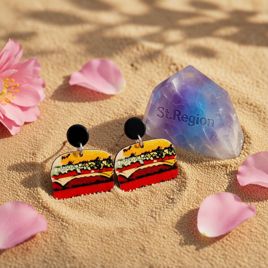 Red Acrylic and Silver-Plated Hamburger Drop Earrings, silver drop earrings for women, everyday style, detail close-up