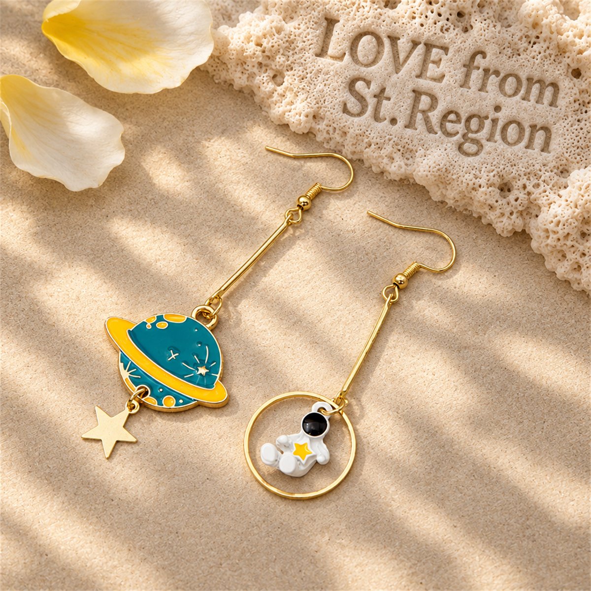 Teal Enamel and 18K Gold-Plated Planet Astronaut Drop Earrings, gold drop earrings for women, lifestyle look