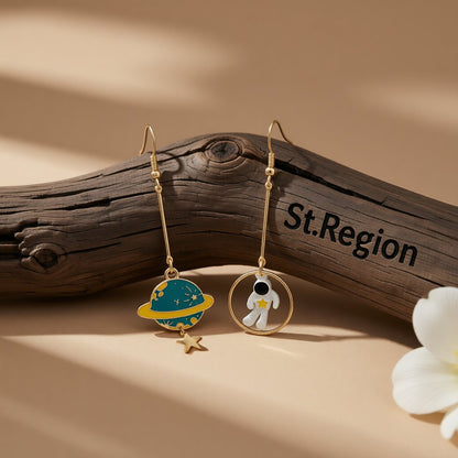 Teal Enamel and 18K Gold-Plated Planet Astronaut Drop Earrings, gold drop earrings for women, front view