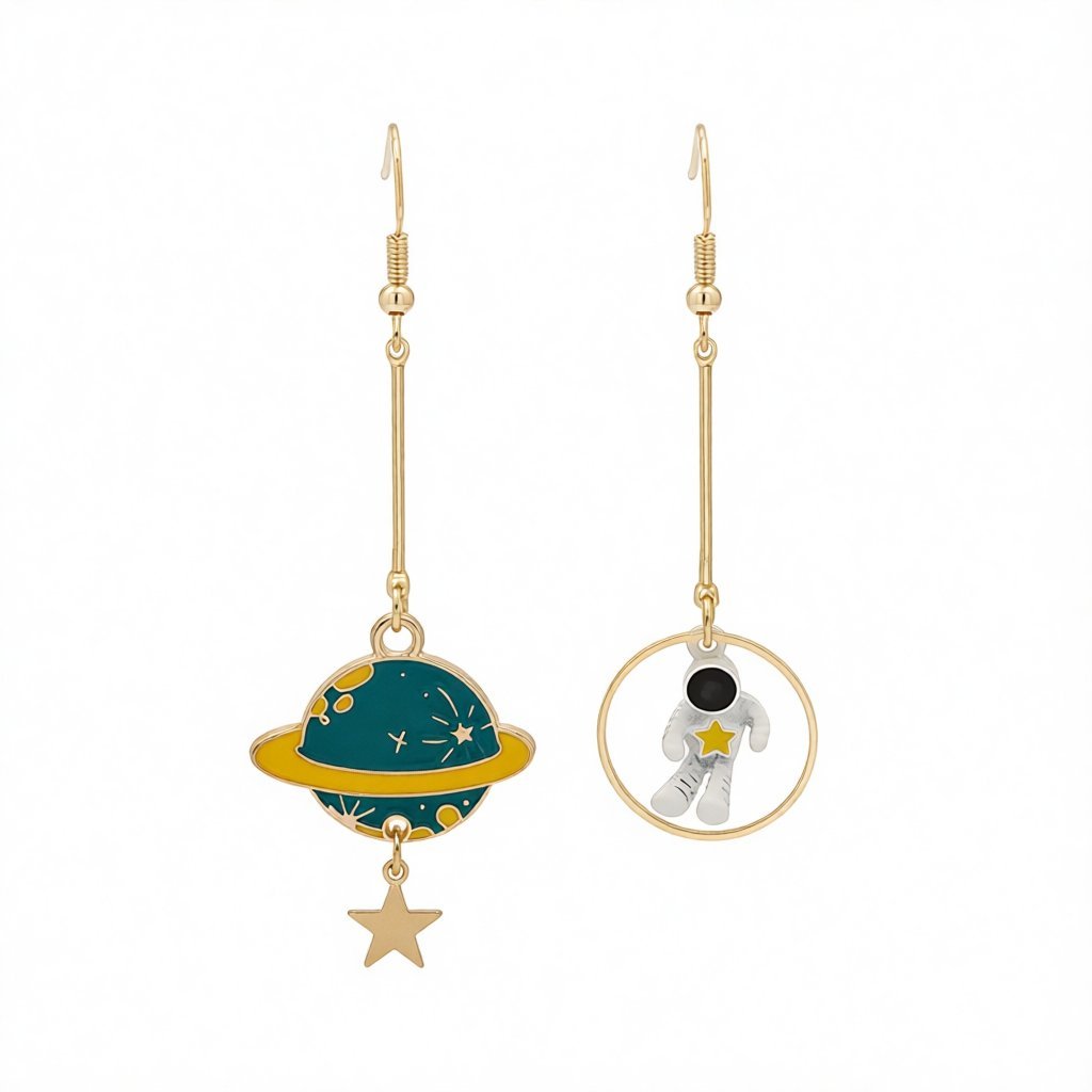 Teal Enamel and 18K Gold-Plated Planet Astronaut Drop Earrings, gold drop earrings for women, side view