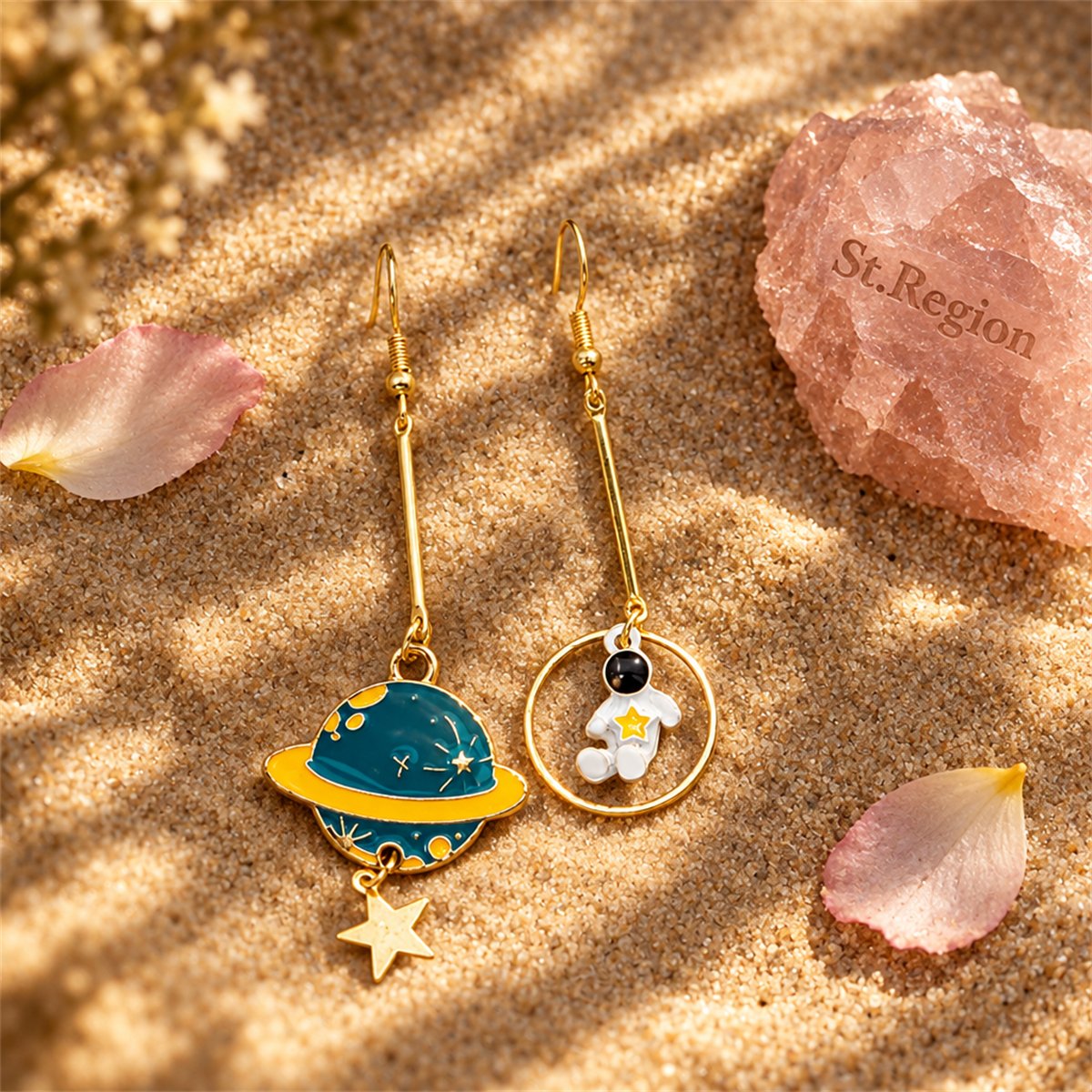 Teal Enamel and 18K Gold-Plated Planet Astronaut Drop Earrings, gold drop earrings for women, detail close-up