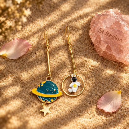 Teal Enamel and 18K Gold-Plated Planet Astronaut Drop Earrings, gold drop earrings for women, detail close-up