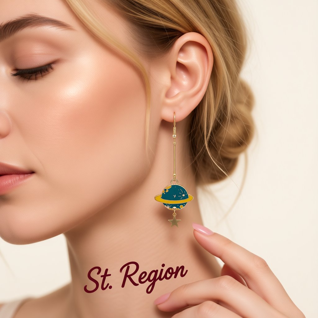 Teal Enamel and 18K Gold-Plated Planet Astronaut Drop Earrings, gold drop earrings for women, styled look