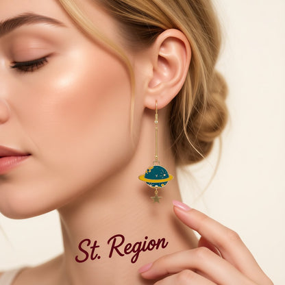 Teal Enamel and 18K Gold-Plated Planet Astronaut Drop Earrings, gold drop earrings for women, styled look