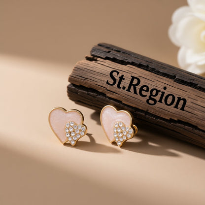 Cubic Zirconia and White Enamel Stacked Heart Stud Earrings, stud earrings for women, everyday style, front view